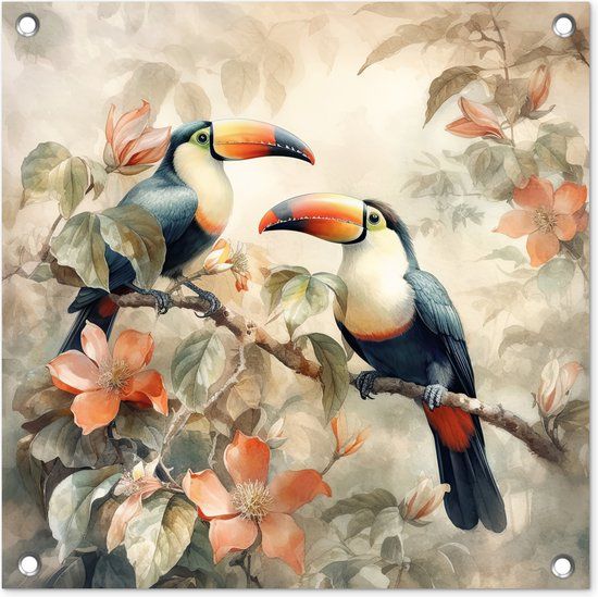 GreatGardenPosters Tuinposter Toekan - Vogels - Bloemen - Tak - 50x50 cm - Buitenposter - PVC