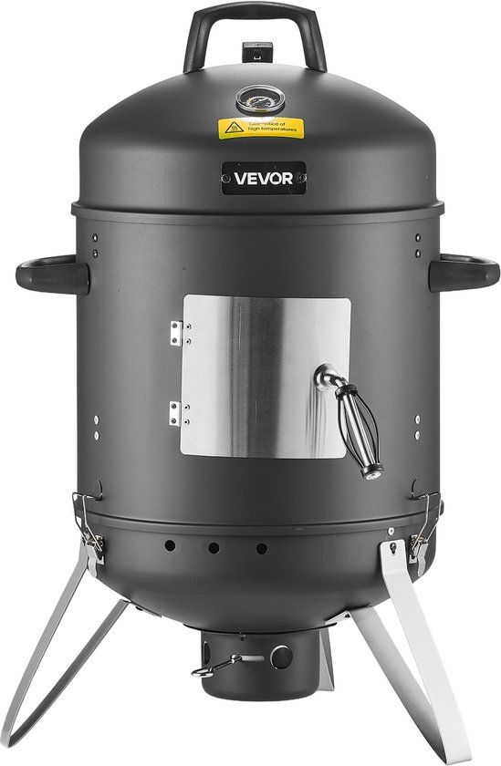 VEVOR Smoker Barrel, 40 Cm Verticale Houtskoolgrill, Gecoat Stalen Grill met 2 Grillroosters, Thermometer, Ventilatieopeningen En Uitneembare Aslade, Bbq-Smoker voor Barbecuefeestjes