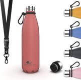 Daikoku Roestvrijstalen Fles + verstelbare riem + karabijnhaak, BPA-vrije dubbelwandige thermosfles, herbruikbare waterfles, luchtdichte dop, kleur koraal, inhoud 500 ML