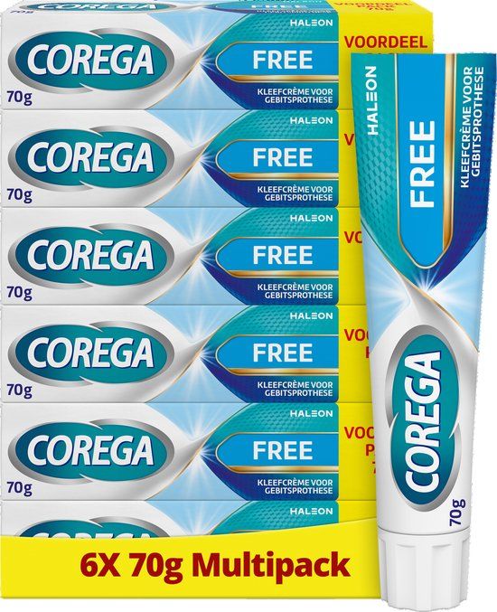 Corega Free Kleefcrème voor de gebitsprothese voor sterke hechting de hele dag lang, 6 x 70 g