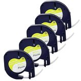 Double Dragon 5-Pack Compatibele Labelvervanging voor Dymo LetraTag Plastic Wit Tape 91201 S0721610 Zwart op Wit 12mm x 4m