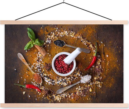 TextilePosters Posterhanger incl. Poster - Schoolplaat - Vijzel - Kruiden - Lepels - Specerijen - Bruin - Peper - 150x100 cm - Blanke latten