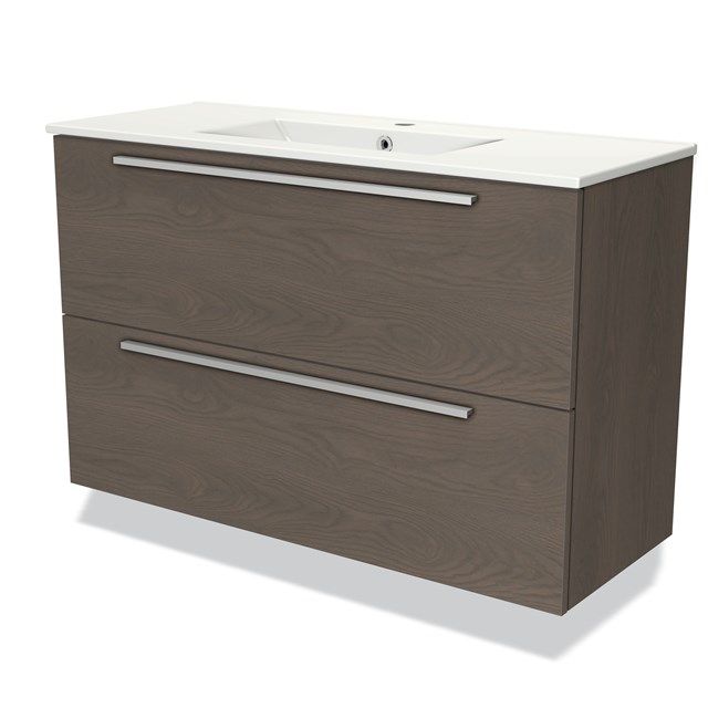 Maxaro Badkamermeubel 100cm Modulo Slim Donkerbruin Eiken 2 Lades Vlak Wastafel Keramiek