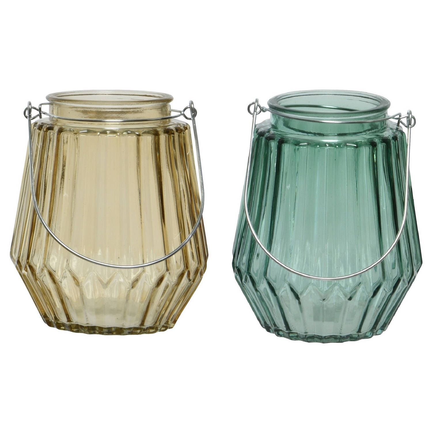 Decoris Set van 2x theelichthouders/waxinelichthouders streep glas taupe en zeegroen met metalen handvat 11 x 13 cm