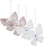 Koopman International Ornements papillon - 4x pc - transparent avec rose et blanc - 15 cm - plastique