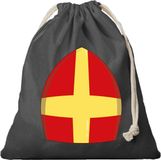 Bellatio Decorations Mijter Sinterklaas cadeauzakje zwart met sluitkoord - katoenen / jute zak - Sinterklaas kadozak voor pakjesavond