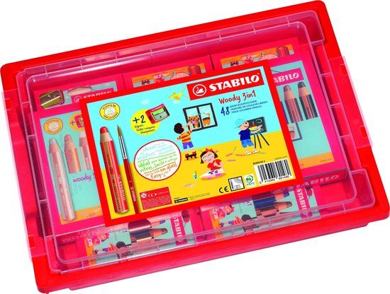 STABILO woody 3 in 1 Kleurpotloden - Klasdoos 48 stuks + 2 slijpers - 18 kleuren