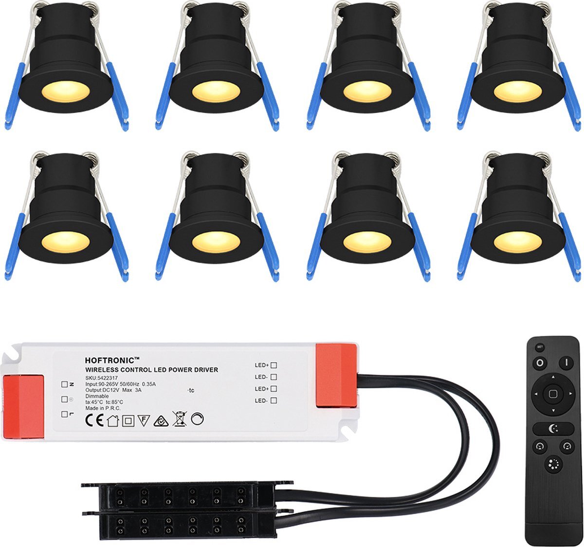 HOFTRONIC Milano - 8x Zwarte LED Inbouwspots - Traploos dimbaar met RF-afstandsbediening - Zwart - IP65 Waterdicht - 2700K Extra warm wit - 3W CREE LEDs 12V - Verandaverlichting - Plafondspotjes badkamer - Voor Veranda, Carport en Badkamer