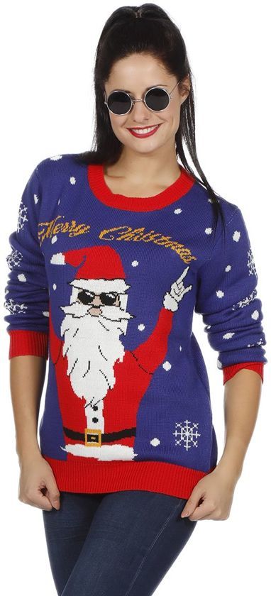 Feestbeest.nl Kersttrui blauw rocking Santa maat S