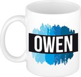 Bellatio Decorations Shoppartners Bv Owen naam cadeau koffie mok - beker - met blauw verfstrepen - Cadeau collega - vaderdag - verjaardag - meester - coach - 300 ml - wit