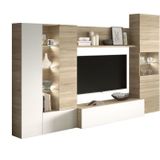 Essen meuble TV avec éclairage LED, 260 cm, blanc brillant, avec motif chêne, design classique, meuble mural