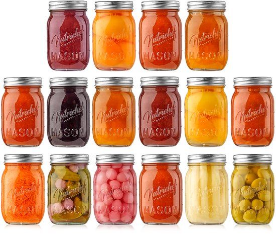 NutriChef Glazen Weckpotten - 16-delige set glazen pottjes met roestvrijstalen deksels - 473 ml