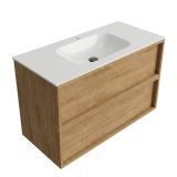 Saniclass Holz Frame Badkamermeubelset - 100x45x61.5cm - Flow solid surface wastafel wit - 1 wasbak - 1 kraangat - 2 lades - mat eiken natural (hout) SW1578594/SW1174115
