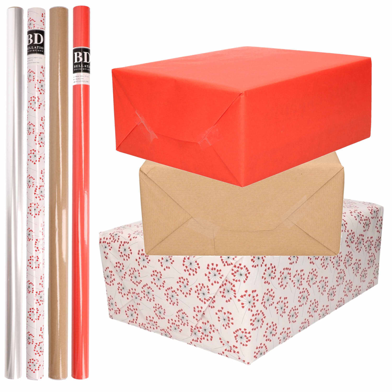 Bellatio Decorations 8x Rollen transparant folie/inpakpapier pakket - rood/bruin/wit met hartjes 200 x 70 cm - cadeau/kaften/verzendpapier/cellofaan