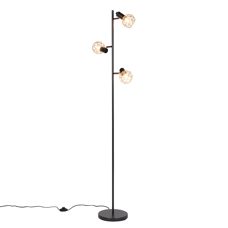 QAZQA Moderne vloerlamp zwart met koper - Mesh