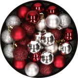 Boules de Noël 28x pièces plastique boules de Noël argent et rouge foncé mélange 3 cm