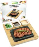 NutriChef Ensemble de pierres à griller – Pierre de cuisson en granit avec planche en bambou – Bols à sauce en céramique et plateau en acier inoxydable