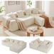 Canapé d'angle compressé 3 places velours côtelé beige, canapé modulaire, assises profondes, chaise longue droite, sans assemblage, 261x156x80cm
