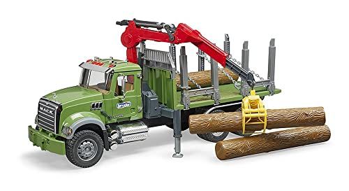 Bruder 02824 - Mack Granite Houttransportwagen met Laadkraan, Grijper en 3 Boomstammen