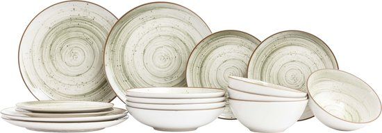 Cosy & Trendy Serviesset Sintra Ivy Green – 16-delig voor 4 Personen – Aardewerk Servies met Borden, Dessertborden en Kommen – Vaatwasser- en Magnetronbestendig