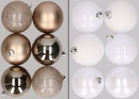 Merkloos / Sans marque Billiet - Vanlaere Kunststof kerstballen - 12x - champagne - wit - 8 cm - mat glans glitter - onbreekbaar - ophanglintjes
