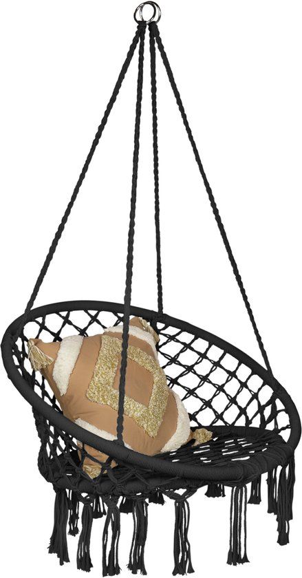 QUVIO Hangstoel voor buiten - Touw met houten stang - Zwart