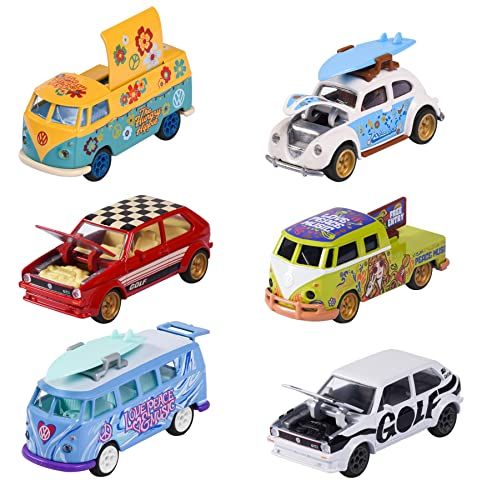 MAJORETTE - Volkswagen The Originals Deluxe Cars - 1 van de 6 willekeurige VW modelauto's, schaal 1:64, met officiële VW licentie, met verzamelplaatdoos, zeer gedetailleerde speelgoedauto's