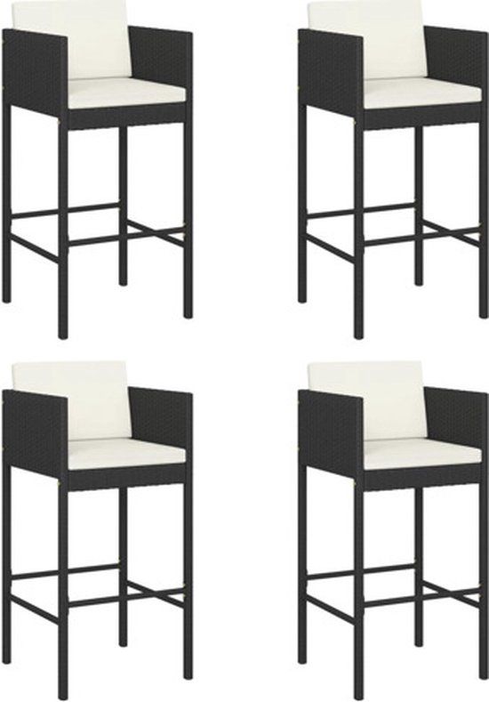 vidaXL Barkrukken 4 st met kussens poly rattan zwart
