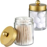 Apothecary Potten Set van 2 apothekerspotjes voor badkamer, opbergdoos voor aanrecht, mooie Qtip-dispenser van glas met deksel, voor wattenstaafjes, badzout, haarband (goud)