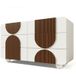 Commode blanche avec 6 tiroirs, design arrondi et pieds en bois massif chocolat, 121x71x41 cm