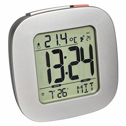 TFA digitale wekker, 60.2542.54, zendergestuurde tijd, weergave van datum en weekdag, alarm met snooze functie, binnentemperatuur, achtergrondverlichting, zilver, (L) 78 x (B) 30 x (H) 78 mm