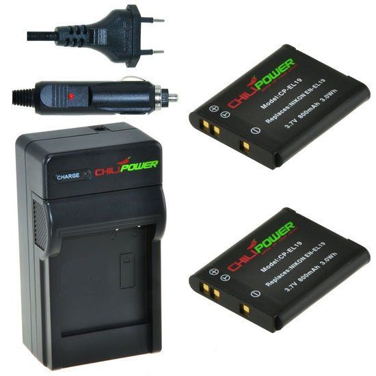 ChiliPower 2 x EN-EL19 accu's voor Nikon - inclusief oplader en autolader