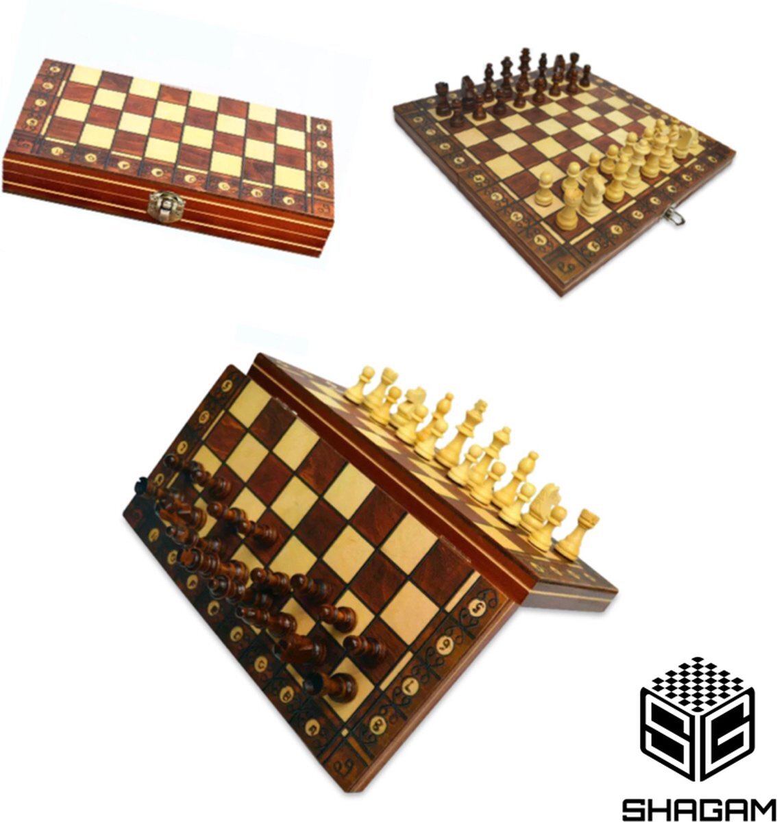 Shagam 3-in-1 Bordspel - 24 cm - Magnetisch - Schaakbord - Dambord - Backgammon - Schaakspel - Schaakset - Schaken - Dammen - Met Schaakstukken - Chess - Hout - Opklapbaar