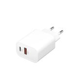 Oplader met 1 x USB-A en 1 x USB-C, 30 W, ideaal voor het snel opladen van mobiele apparaten en tablets.