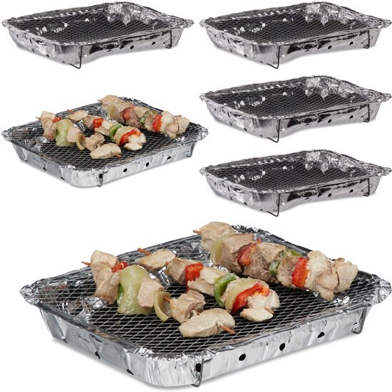 Relaxdays 6x wegwerp BBQ - wegwerpbarbecue - gebruiksklaar 500 g kolen - instant barbecue