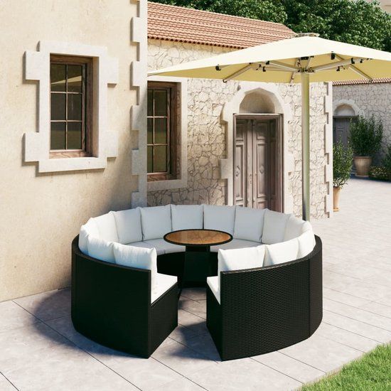 The Living Store Loungeset - Poly Rattan - Black - 9 Pieces - 4 Seats