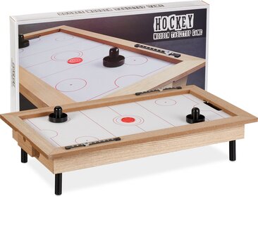 Relaxdays Airhockey Tafelspel - Mini Airhockey - Compact - Zwart/Wit/Lichtbruin