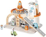 Tooky Toy Eerste Speelgoed Garage - FSC Hout - 14-Delig: Raket, Astronauten, Voertuigen, Ruimtestation - Geschikt voor 3+ Jaar (Peuters) - Educatief & Montessori Speelgoed