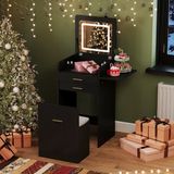 Puluomis Table de maquillage avec miroir LED, table de chevet, tabouret et espace de rangement - Noir
