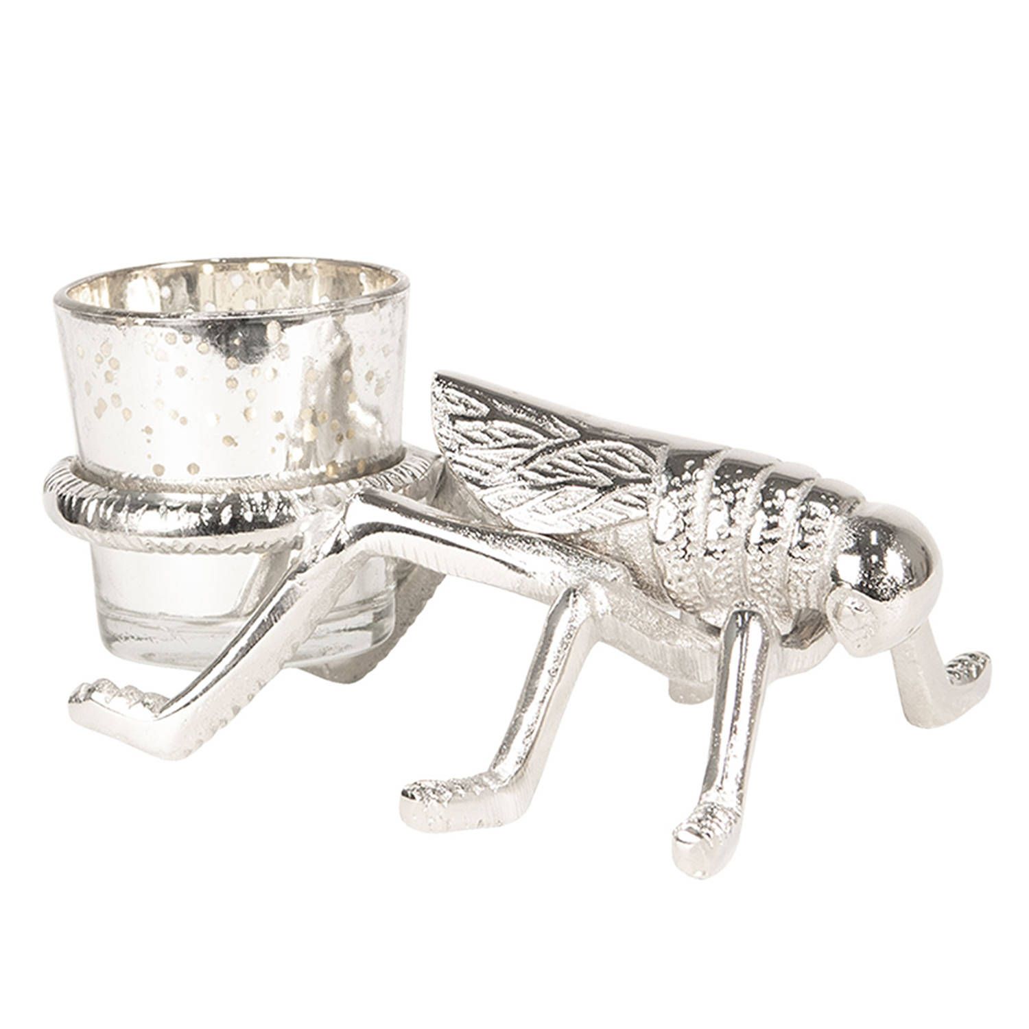 Clayre & Eef Theelichthouder Insect - 17x11x6 cm - Zilverkleurig Aluminium