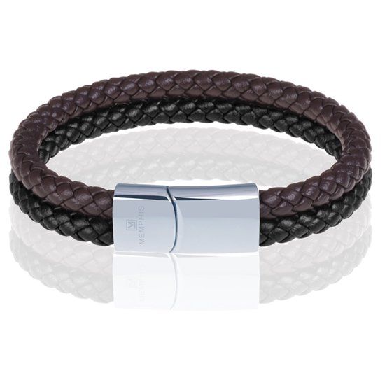 Memphis Dubbele leren armband Duo Color Zilverkleurig Zwart Bruin-18cm
