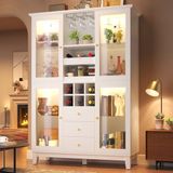 OKWISH Armoire à vin – Avec éclairage LED contrôlé par application – 120x40x180,5 cm – 3 tiroirs et casier à vin – MDF blanc