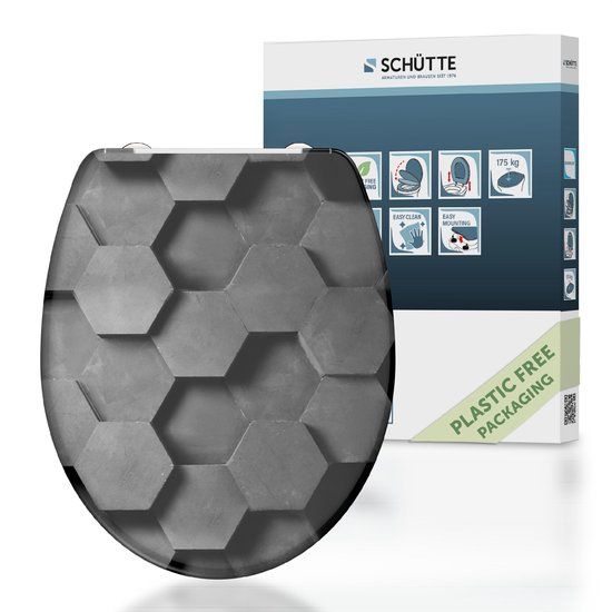 Schütte WC-bril 82392 GREY HEXAGONS Duroplast Soft Close Afklikbaar RVS-Scharnieren