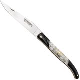 Laguiole en Aubrac Ebony, Howlite Gold Inlay, Handcarved Brass Plates, zakmes, 12 cm