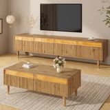 Merax meubles LED, ensemble mur salon, 2 pièces, meuble TV avec 4 portes et table basse avec 2 tiroirs, meubles de salon avec structure ondulée, couleur bois avec accents dorés