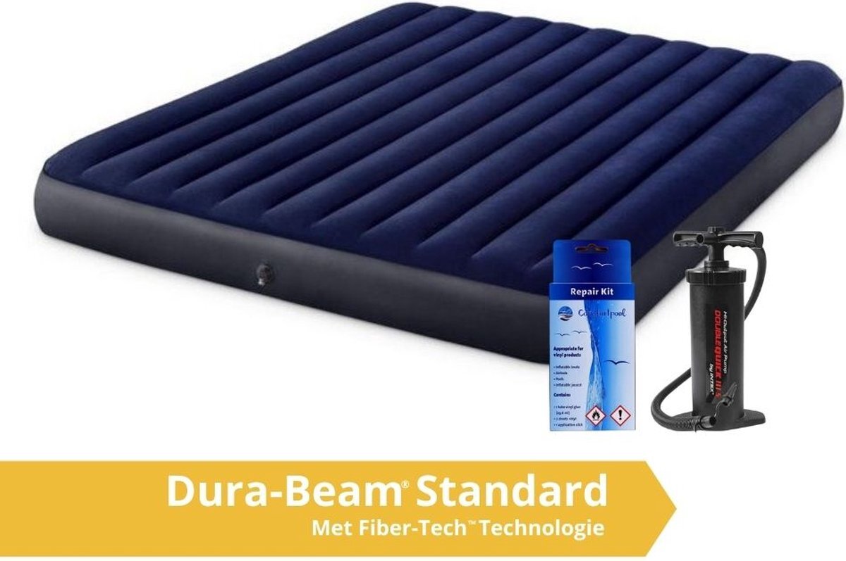 Intex Classic Dura-Beam - Luchtbed - 2 Persoons - Kingsize - Met Repairset en Handpomp - 203x183x25 cm - PVC - Blauw