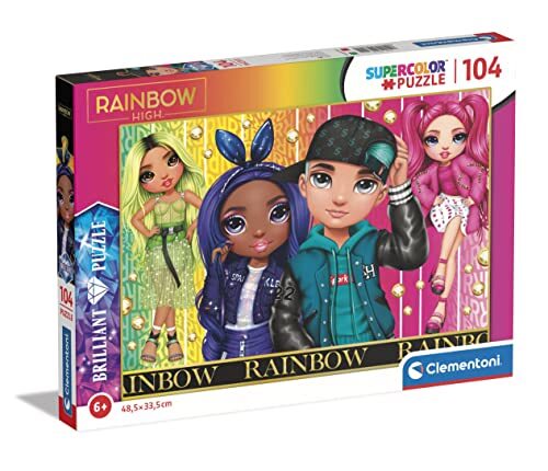 Clementoni Rainbow High Brilliant Supercolor High-104 stukjes, Made in Italy, kinderen 6 jaar, cartoonpuzzel, glitterpuzzel, meerkleurig, medium, 20344