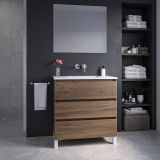 Saniclass Chaci PLUS Badkamermeubelset - 80x86x46cm - keramische wastafel wit - 1 wasbak - zonder kraangaten - 3 lades - rechthoekige spiegel - noten (hout)