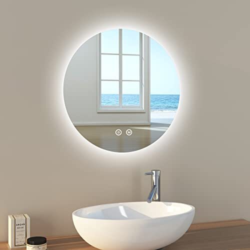 EMKE Badkamerspiegel met licht 50 cm diameter, ronde led-badkamerspiegel met touch-schakelaar + dimbaar + 3 kleuren + geheugenfunctie, wandspiegel, model B