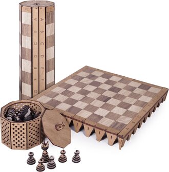 HappyWoods - Handgemaakt Plooibaar Schaakspel - Olijfhouten Schaakbord met Schaak stukken - 16 x 16cm